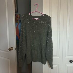 Off Grey-Green Sweater with Pearl Accents